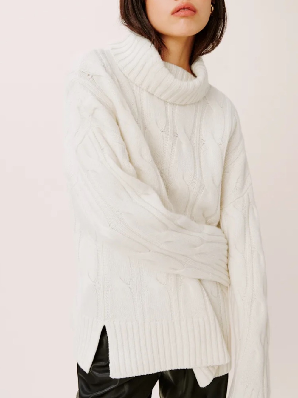 REFORMATION WOMENS SIRO WOOL CABLEKNIT SWEATER TURTLENECK IVORY WHITE SMALL